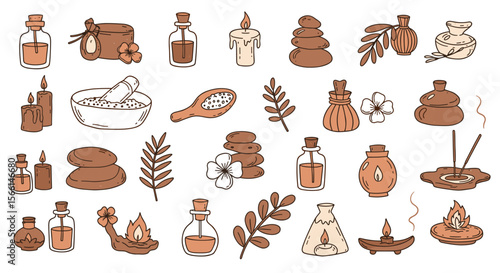 Spa and aromatherapy vector illustration with essential oils and candles for relaxation design