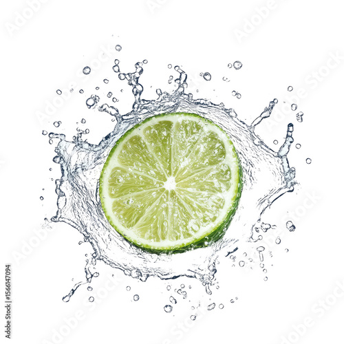 Fresh lime slice with water splash on clean white background. Crisp circular close-up. Refreshing energy and vitality concept. Ideal for beverage ads, menus, and wellness branding.