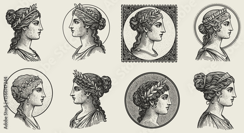 Classical greek women portraits vector illustration in vintage engraving style for art and design