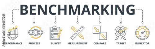 Benchmarking web banner icons Vector illustration concept of with keywords business development, improvement with an icon of idea performance, process, survey, measurement, compare, target, indicator