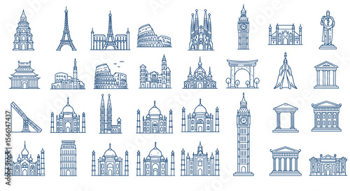 Famous landmarks line vector illustration for travel and architecture design