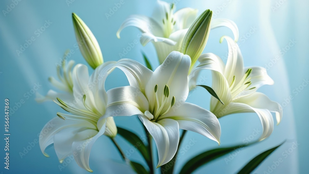Fototapeta premium Close-up of elegant white lilies against a light teal backdrop.