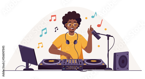 Dj at work vector illustration with music notes and studio equipment for modern music design
