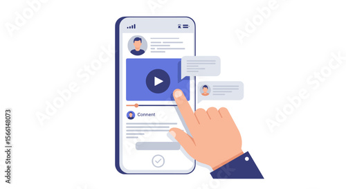 Social media interaction vector illustration — user engaging with video post in flat design