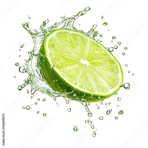 Fresh lime slice with green juice splash on clean white background. Crisp citrus texture and droplets in motion. Signals freshness and energy. Ideal for beverage ads, menus, and packaging.