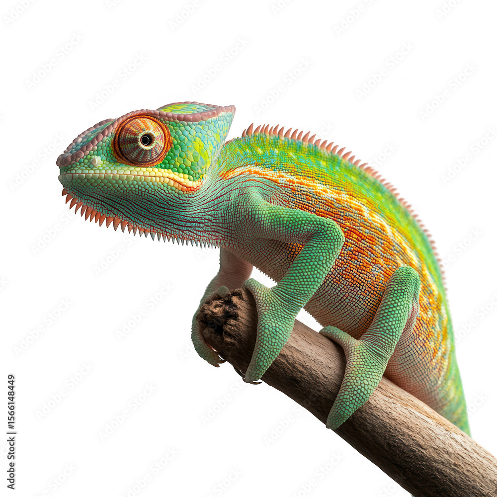 Obraz premium Detailed close up of a vibrant green and orange chameleon perched on a branch isolated on transparent background