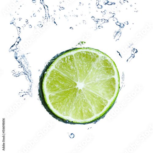 Fresh lime slice with blue water splash on a clean white background. Crisp citrus texture and vibrant contrast. Refreshment and energy. Ideal for beverage ads, menus, and summer promos.
