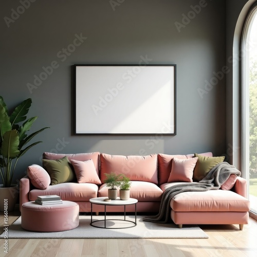 Living room interior design with pink sofa mockup frame plant and window home decor apartment render