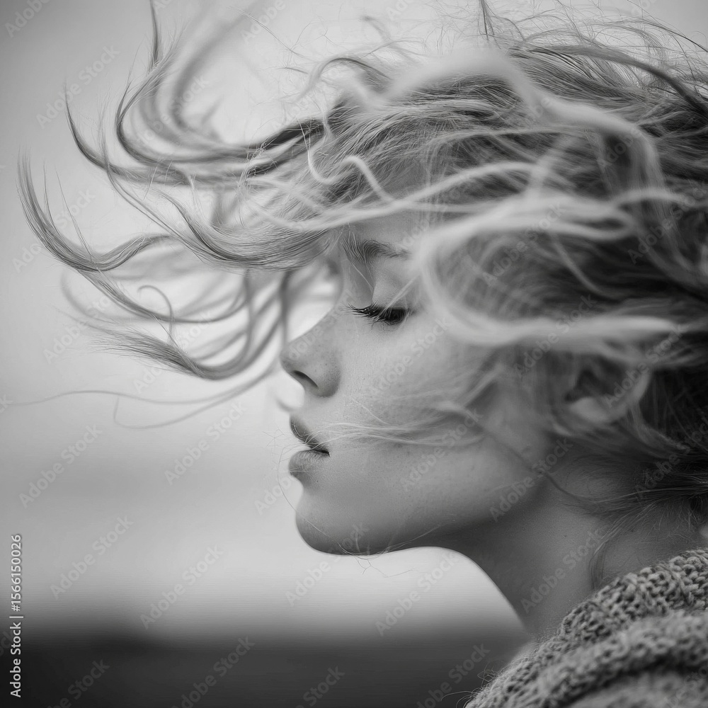 Fototapeta premium Woman with Windblown Hair in Monochrome Portrait