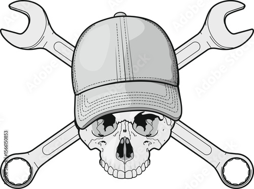 skull of plumber mechanic with crossed wrenches in cap isolated on white background