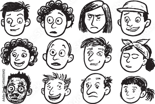 Hand Drawn Cartoon Faces with Various Emotions – Black and White Sketch