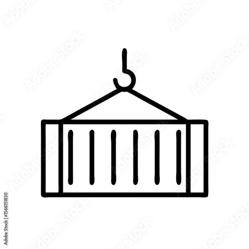 Shipping container being lifted by crane hook in minimal line art style  