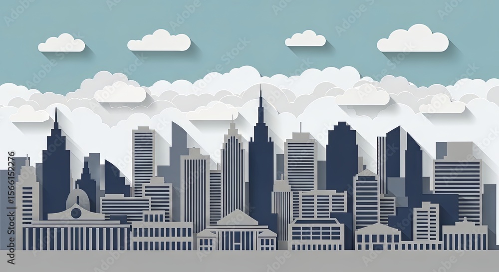 Obraz premium Stylized paper cutout cityscape with clouds and buildings