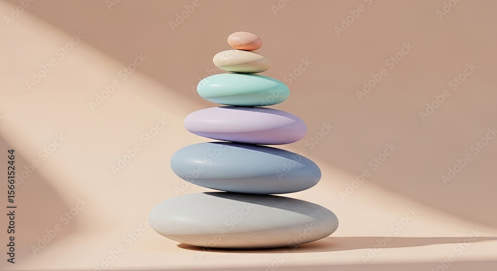 Obraz premium Softly colored smooth stones stacked in perfect balance with gentle light