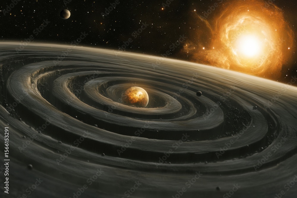 Obraz premium Alien planetary system based on real telescope data, multi-moon gas giants, bright nebulae in background, exotic orbital patterns, high-detail astrophysical concept art