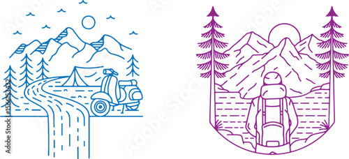 Mountain Scene with Biker Line Art, Nature Adventure Doodle Vector, Rider in Forest Landscape, Black and White Illustration, Transparent Background
