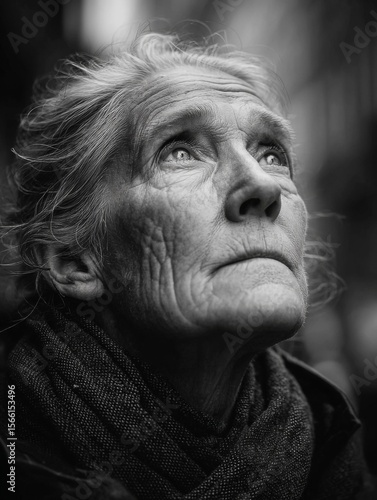 Close Up Black And White Portrait Of Elderly Woman Looking Up