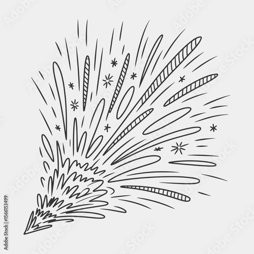 A black and white drawing of a fireworks explosion with a lot of stars.