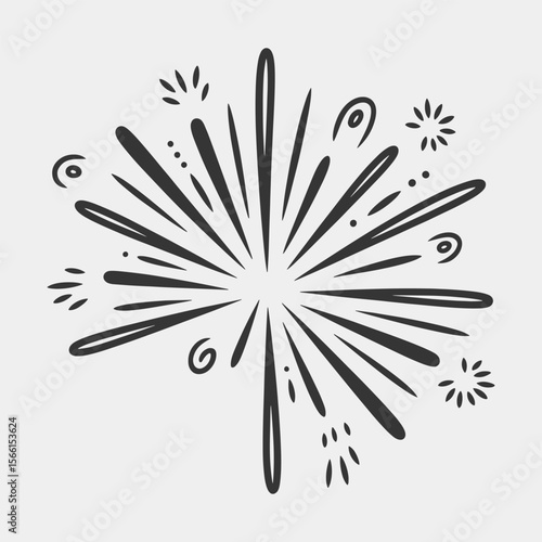 A black and white drawing of a fireworks explosion with a lot of stars.