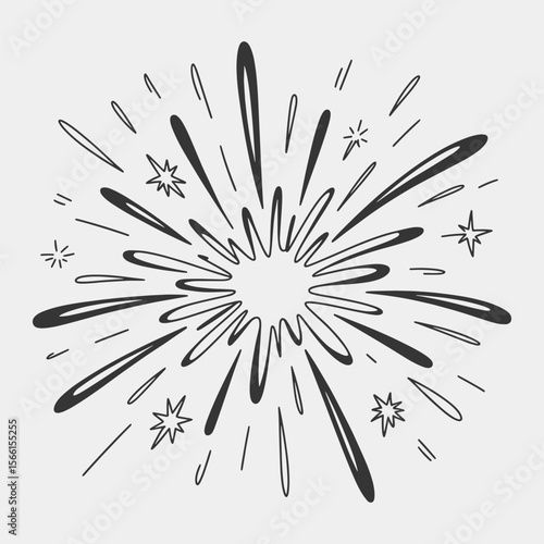 A black and white drawing of a fireworks explosion with a lot of stars.