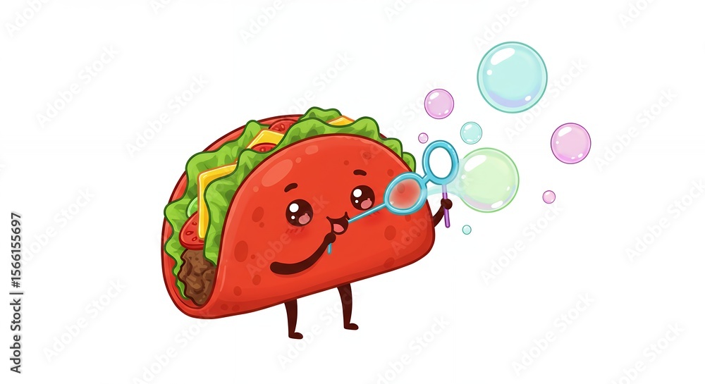 Fototapeta premium Cute cartoon taco blowing bubbles