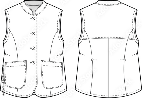Sleeveless vest technical flat sketch with front buttons, patch pockets, back yoke, dart seams, curved hem, CAD fashion illustration