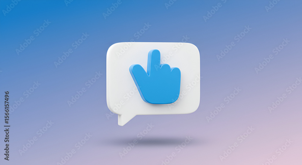 3D illustration of a chat bubble with a blue hand indicating an action point 3D illustration of a chat bubble with a blue hand indicating an action point