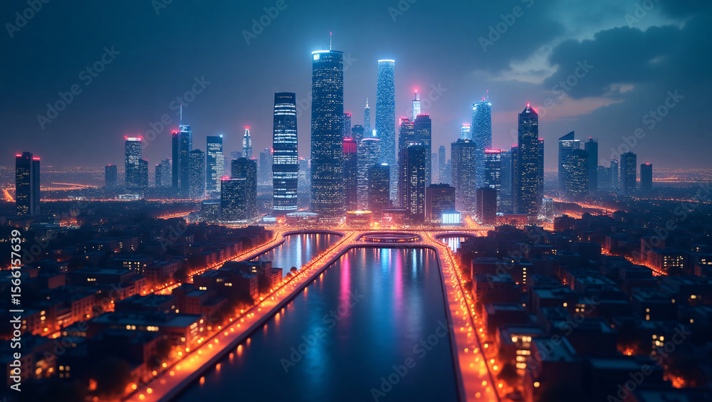 Fototapeta premium A futuristic city skyline at night, with tall, illuminated skyscrapers, a river reflecting lights, and glowing roads, creating a vibrant urban scene.