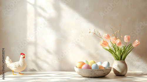 Minimalist composition of easter dining room interior with round table, vase with tulips, bowl with colorful eggs