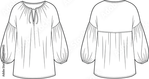 Loose fit peasant blouse technical flat sketch with gathered sleeves and front keyhole tie, front and back fashion design drawing