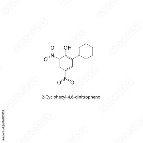 2-Cyclohexyl-4,6-dinitrophenol skeletal structure. Nitro phenol compound schematic illustration. Simple diagram, chemical formula.