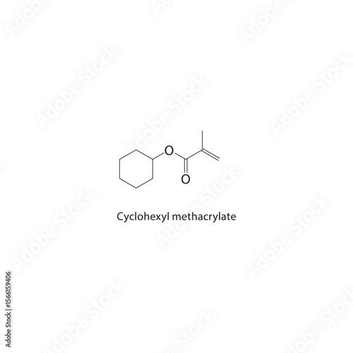 Cyclohexyl methacrylate skeletal structure. Ester compound schematic illustration. Simple diagram, chemical formula.