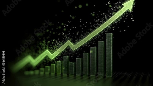 Dynamic Financial Growth Chart: Shimmering Green Bars and Arrow Against a Dark Background