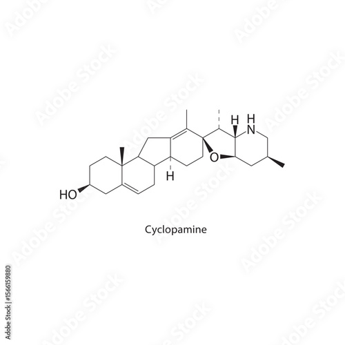 Cyclopamine skeletal structure. Alkaloid compound schematic illustration. Simple diagram, chemical formula.