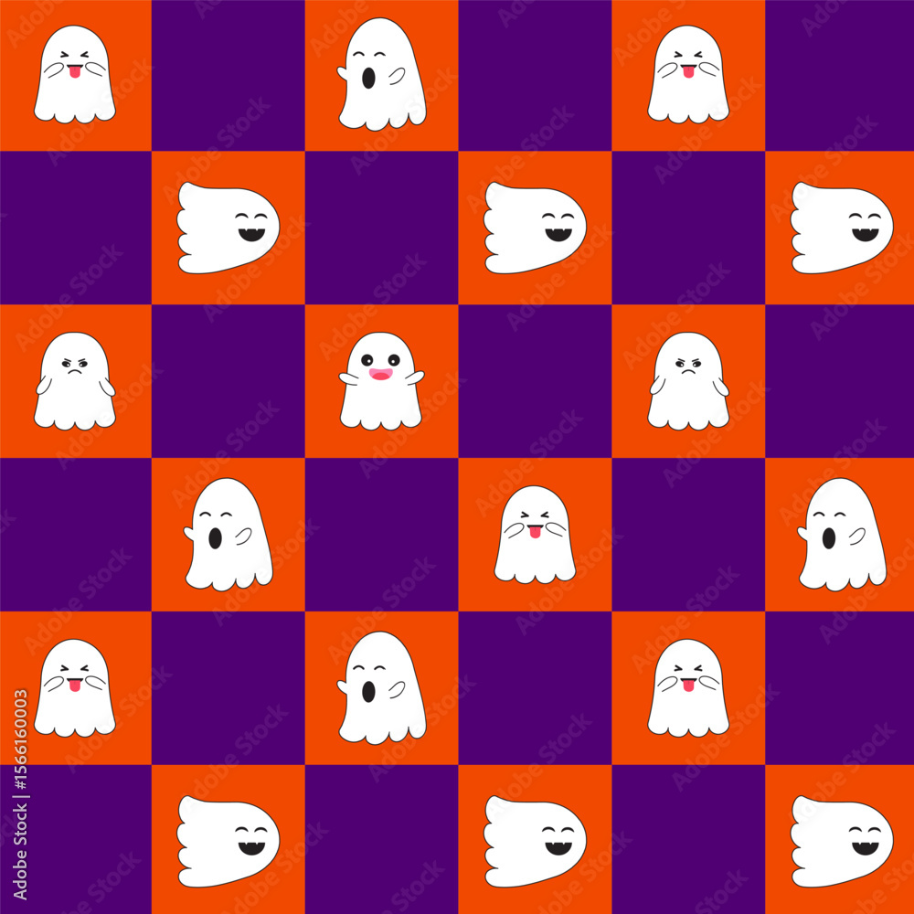 Obraz premium Seamless pattern with funny monsters.Halloween seamless pattern.Little cute spooky ghost cartoon repeat pattern.Vector graphic illustration background.