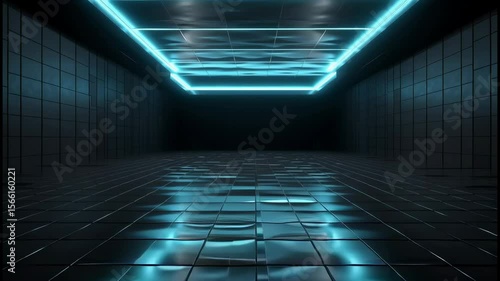 Futuristic Neon-Blue Corridor with Sleek Design and Reflective Dark Tile Flooring
