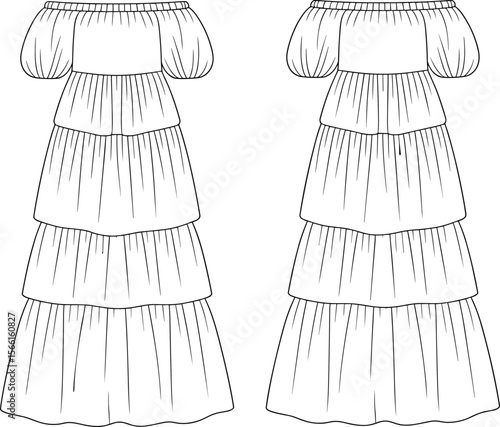 Off shoulder tiered ruffle maxi dress technical cad drawing, flat vector sketch front and back fashion garment design illustration