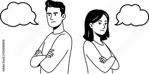 Illustration of couple in conflict with thought bubbles for relationship problems and communication issues