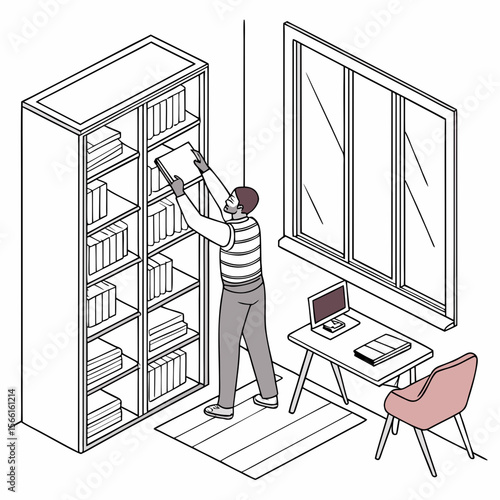 Man arranging books in a tall bookshelf near a window with a desk and chair in a well lit room
