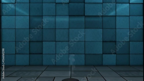 Sterile Digital Room with Dark Teal Tiles and Cool Cyan Lighting Reflections