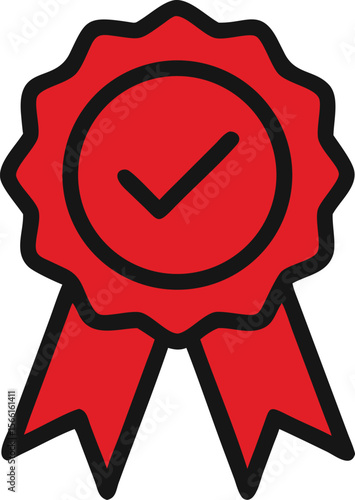 Red award badge icon with checkmark symbol representing verified quality, official certification, approved status, or trusted guarantee for business, education, or product branding use.