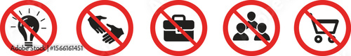 Set of prohibition icons including no idea, no handshake, no briefcase, no group, and no shopping cart, representing restricted actions in business, teamwork, and commerce settings.
