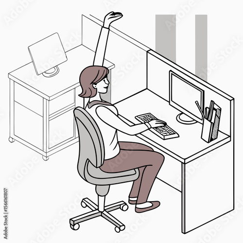 A woman stretching at her desk in an office cubicle with a computer and office supplies visible