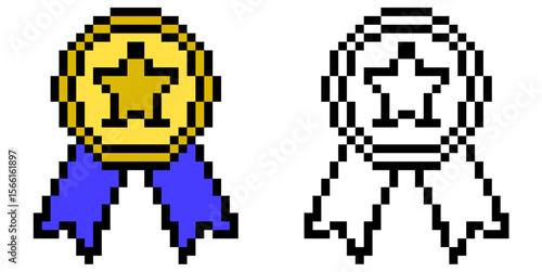 Pixel star medallion vector, a retro-style award for excellence or distinction. Ideal for gaming, digital recognition, or nostalgic designs celebrating high quality and achievement.