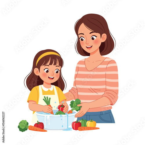 mother and daughter with vegetables vector cartoon illustration