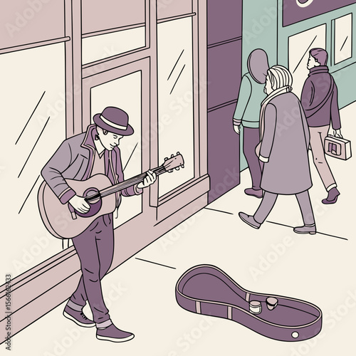 Street musician playing guitar next to a storefront with passersby and guitar case on the sidewalk