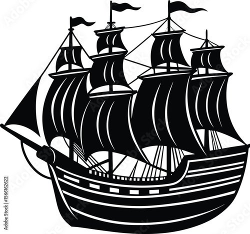 Majestic black and white sailing ship illustration