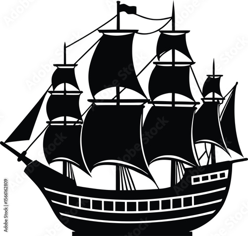 Black and white silhouette of a three masted sailing ship