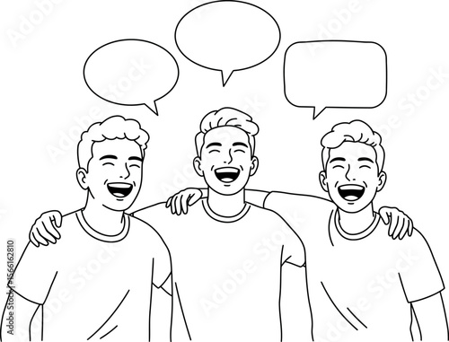 Three friends laughing and talking with speech bubbles vector illustration drawing line art style