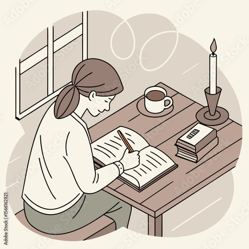 Illustration of a woman writing in a book at a table with coffee and a candle near a window sill